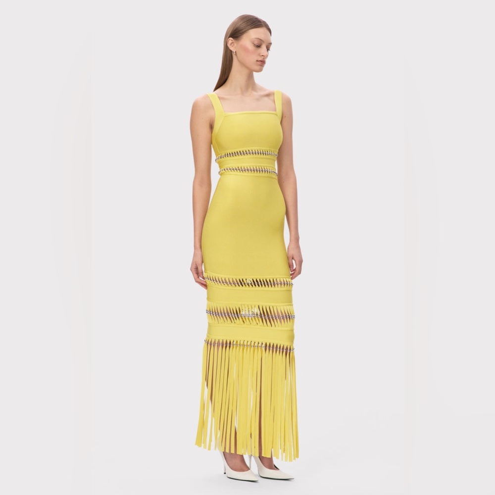 Yellow Sleeveless Fringe Bandage Dress - Picture 3 of 5